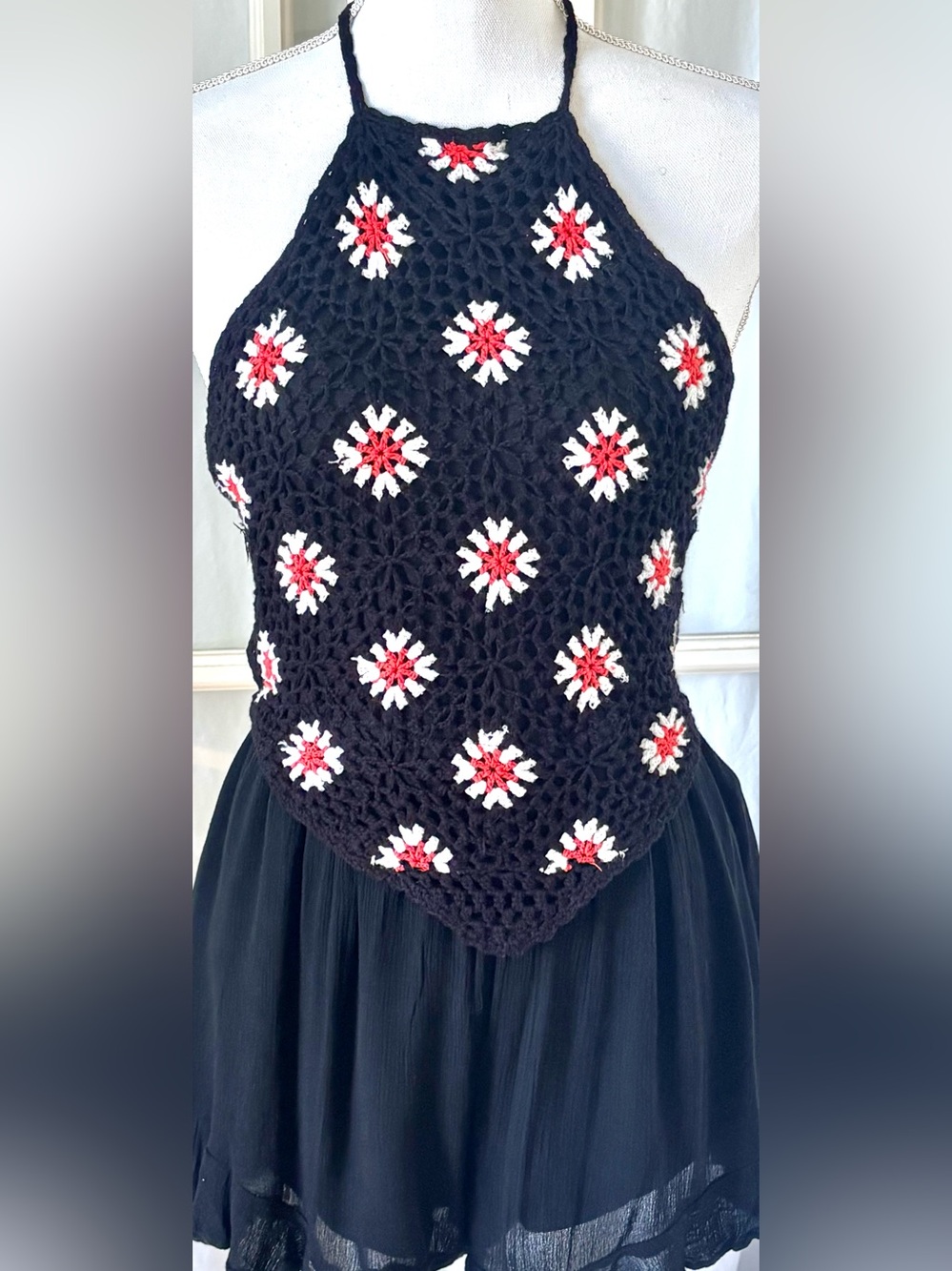Crochet Halter Romper Open Back Boho Festival Mini Dress Look M Summer